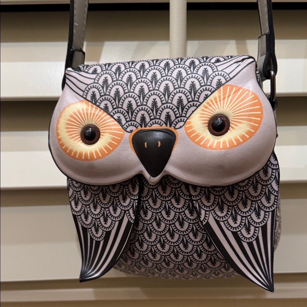 Owl Crossbody Bag in Black, Gray and Orange - Playful Women's Crossbody